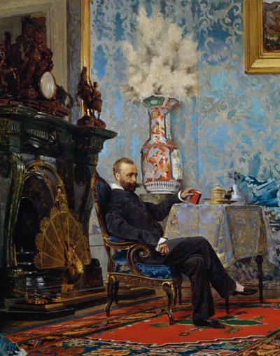 Peter Fabricci assis dans le salon, détail de la famille Fabricci, vers 1880, par Eugene Scomparini (1845-1913) - Eugenio Scomparini