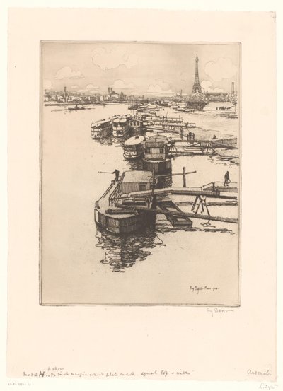 Quai avec bateaux omnibus à Paris avec la Tour Eiffel en arrière-plan - Eugène Bejot (signed by artist)