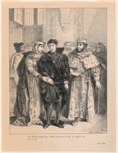Illustration de Hamlet. La reine essaie de réconforter Hamlet (I,2) - Eugène Delacroix