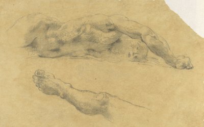 Homme nu allongé; sa jambe séparément - Eugène Delacroix