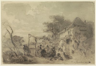 Groupe sur une terrasse devant une auberge le long d