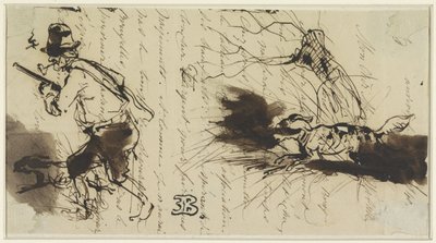 Chasseur avec chien, sur une lettre signée - Eugène François de Block