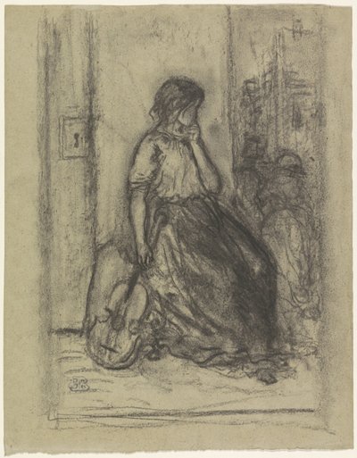Musicienne de rue assise avec un violon - Eugène François de Block