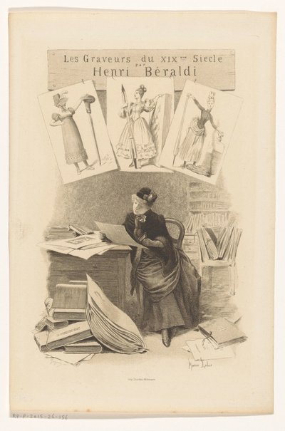 Femme regardant des estampes derrière un bureau - Eugène Gaujean