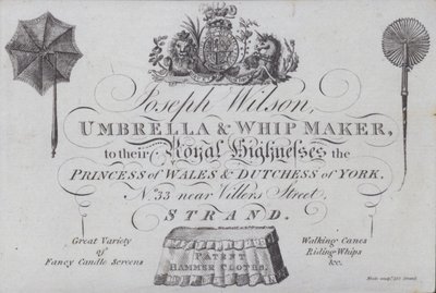 Publicité pour Joseph Wilson, fabricant de parapluies et de fouets, Londres - European School