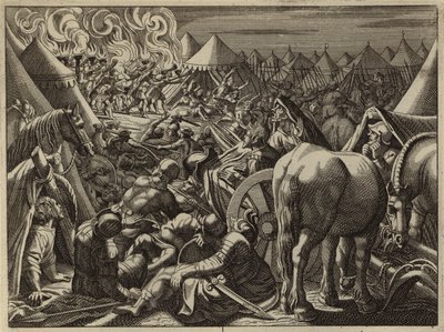 Attaque sur le camp de Madian par les 300 soldats choisis par Gédéon (gravure) - European School