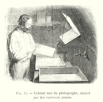 Cabinet noir du photographe, éclairé par des carreaux jaunes - European School