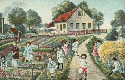 Enfants dans un jardin ou un lotissement (lithographie couleur) - European School