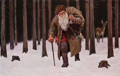 Carte de Noël, Père Noël marchant dans la neige avec un sac de cadeaux, cerf à l