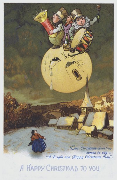 Carte de vœux de Noël représentant un groupe de musiciens sur la lune au-dessus d