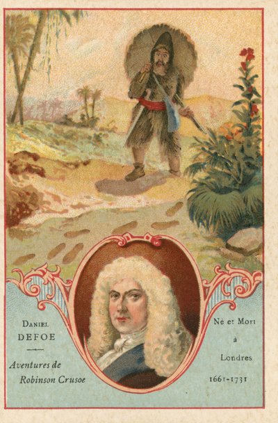 Daniel Defoe, romancier anglais, et une scène de Robinson Crusoé - European School