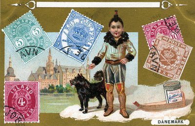 Timbres-poste danois et islandais avec un enfant inuit et son chien, 1897 - European School