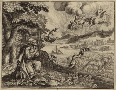 Élisée regardant son père Élie emporté au ciel par un tourbillon (gravure) - European School