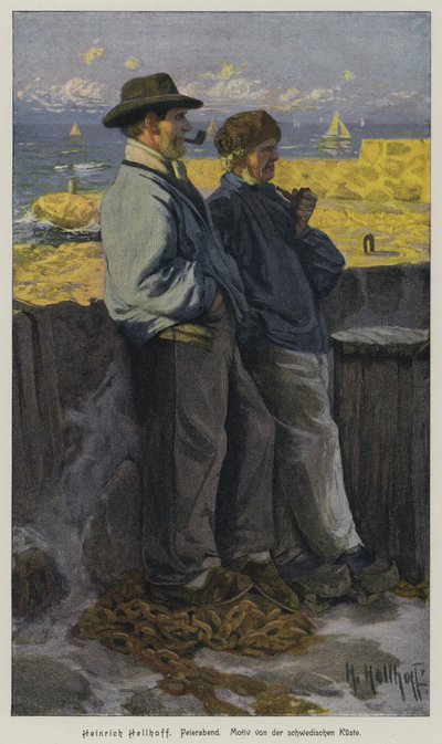 Fin de la journée de travail. Scène typique sur la côte suédoise (gravure en couleur) - European School