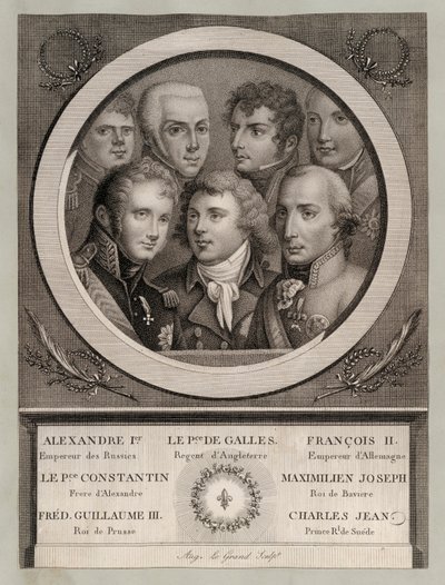 Royauté européenne du début du 19e siècle : Tsar Alexandre Ier de Russie ; George, Prince de Galles, Régent du Roi George III ; François II, Empereur du Saint-Empire romain germanique ; Grand-duc Constantin Pavlovitch de Russie ; Maximilien Joseph, Roi de  - European School