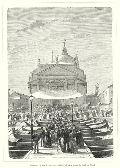 Festival du Redentore, Pont de bateaux sur le canal de la Giudecca (gravure) - European School