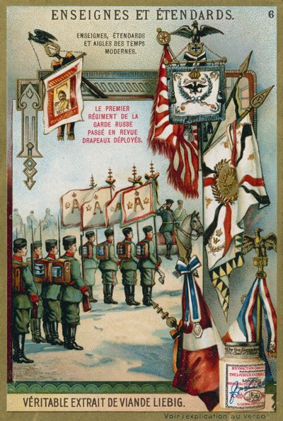 Premier Régiment des Gardes russes en revue avec drapeaux déployés - European School