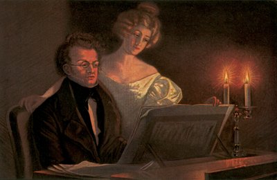 Franz Schubert au piano (lithographie couleur) - European School