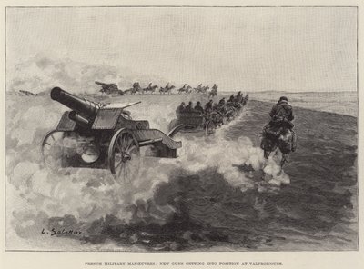 Manœuvres militaires françaises, nouveaux canons se mettant en position à Valfroicourt (gravure) - European School