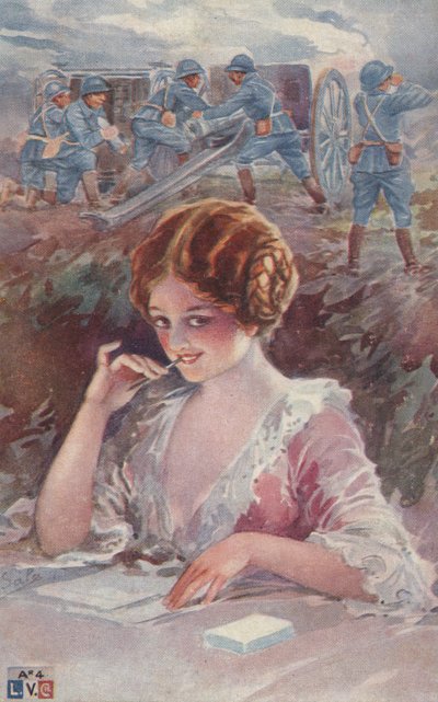 Fille écrivant à un soldat (lithographie couleur) - European School