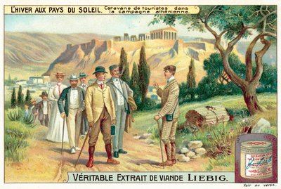 Groupe de touristes dans la campagne athénienne (chromolithographie) - European School