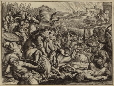 Les Israélites défaisant les Benjamites et brûlant leur ville (gravure) - European School