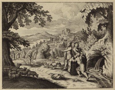 Jacob roulant la pierre de la bouche du puits pour abreuver les moutons de Laban (gravure) - European School