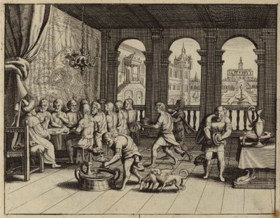 Joseph servant un banquet à ses frères en Égypte (gravure) - European School