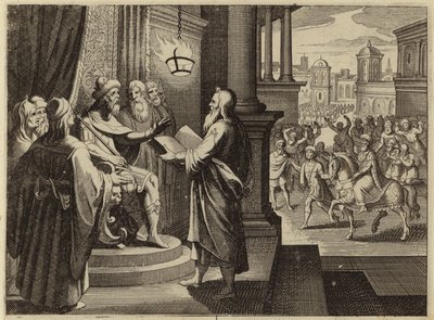 Le roi Assuérus ordonnant que le livre chroniquant son règne soit apporté et lu devant lui - European School