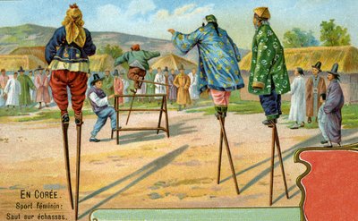 Femmes coréennes sur des échasses jouant à sauter des obstacles, 1904 - European School