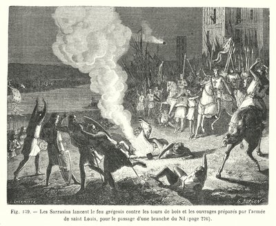 Les Sarrasins lancent le feu grégeois contre les tours de bois et les ouvrages préparés par l