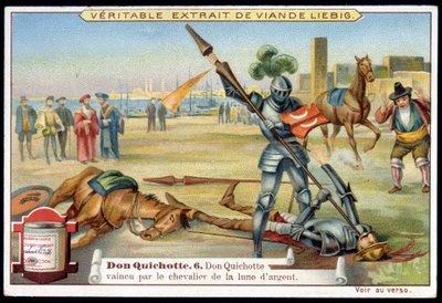 Chromolithographie de Liebig : Série "Don Quichotte", n° 6 : Don Quichotte vaincu par le chevalier de la lune d