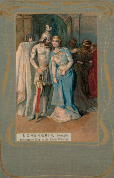 Lohengrin accompagne Elsa à la chambre nuptiale (lithographie en couleur) - European School