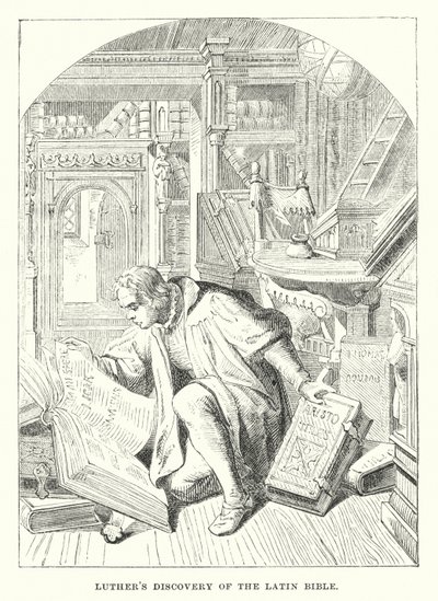 Découverte de la Bible latine par Luther (gravure) - European School
