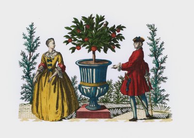 Homme et femme en tenue du XVIIIe siècle dans un jardin - European School