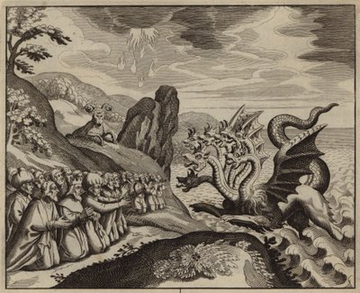 Les gens adorant la bête à sept têtes sortant de la mer - European School