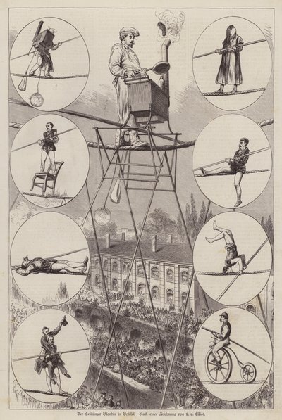 Performance du funambule et acrobate français Charles Blondin à Bruxelles - European School
