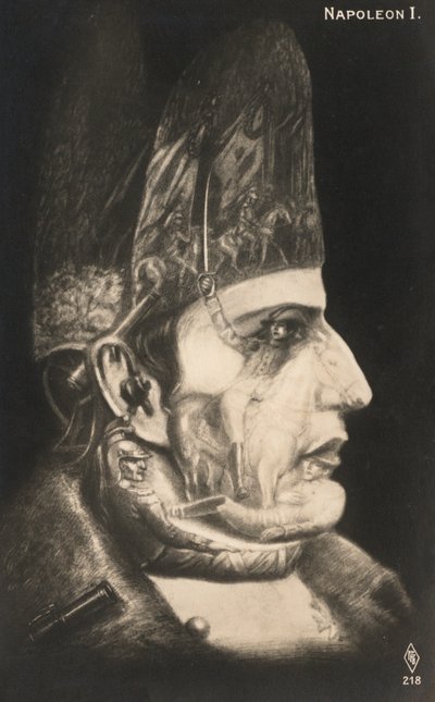 Portrait de Napoléon Bonaparte, avec des scènes de ses batailles dessinées sur son visage et son chapeau - European School