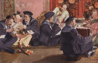 Marins dans une maison de thé chinoise (lithographie couleur) - European School