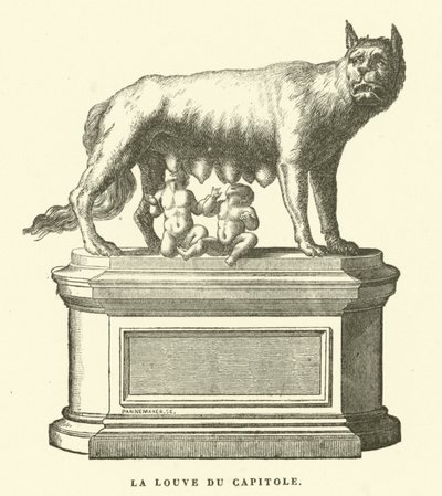 La Louve Capitoline, sculpture en bronze représentant la louve allaitant Romulus et Remus, les fondateurs jumeaux de Rome (gravure) - European School