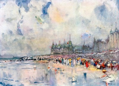 Le Kursaal et la Digue, Ostende (lithographie couleur) - European School
