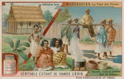 Le pays des Hova : Un village Hova et une chaise à porteurs - European School