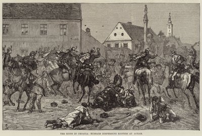 Les émeutes en Croatie, les hussards dispersant les émeutiers à Agram (gravure) - European School