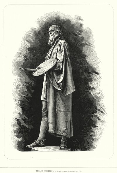 Titien, artiste de la Renaissance italienne, statue par Antonio dal Zotto (lithographie) - European School