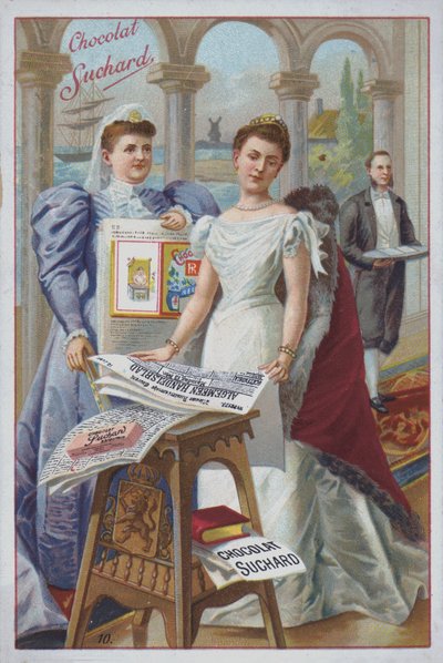 Femme avec un journal, publicité pour le chocolat Suchard - European School