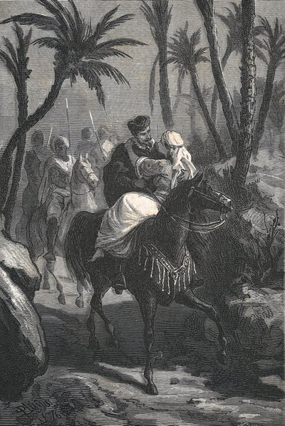Cervantes chevauche un cheval avec une femme dans une oasis - Eusebio Planas