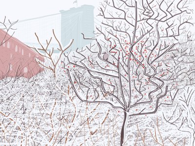 Oiseau dans la neige, Brooklyn Bridge Park (art numérique) - Evan Sklar
