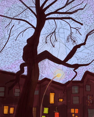 Brooklyn Brownstone Street At Dusk, 2016 (dessiné à la main sur un iPad avec un Apple pencil) - Evan Sklar