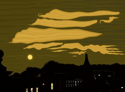 Nuages, lune et parc depuis le toit (art numérique) - Evan Sklar