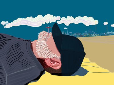 Homme barbu sur la plage de Coney Island (art numérique) - Evan Sklar
